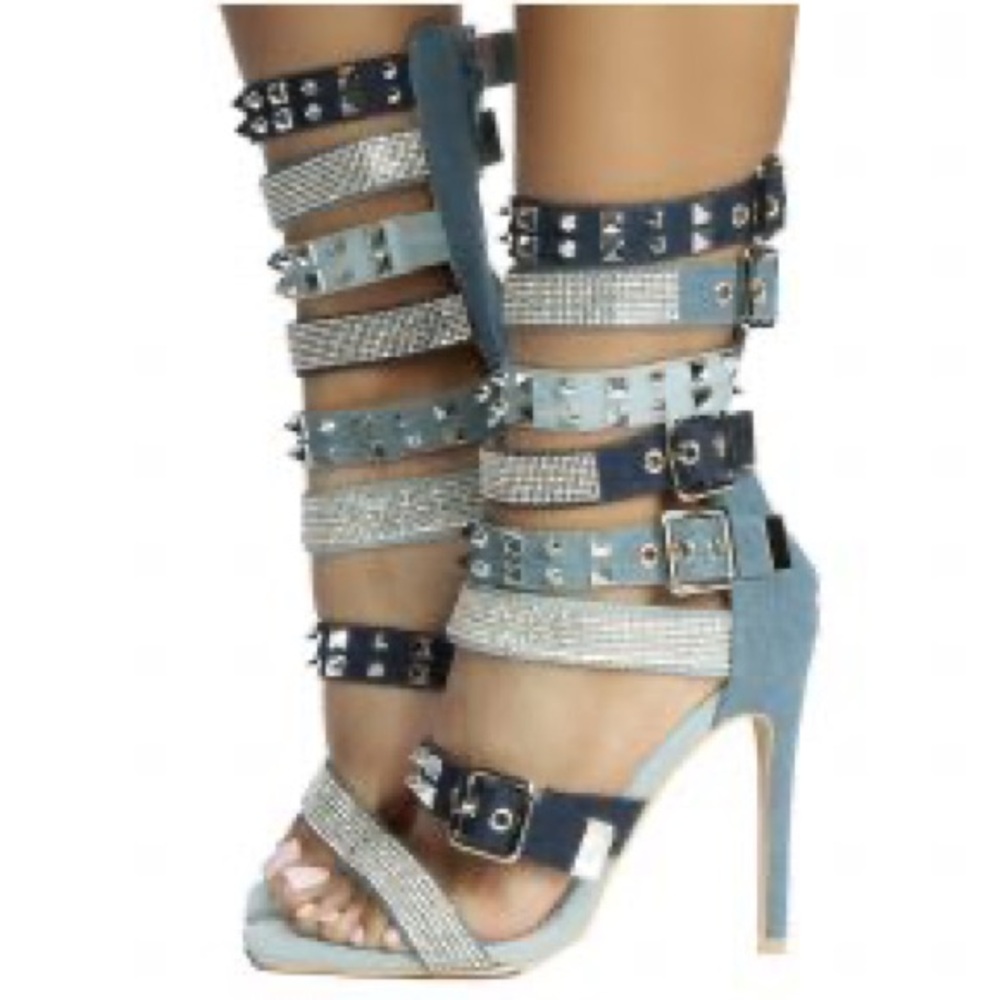 Blue and Silver Gladiator Heels with Studded Straps